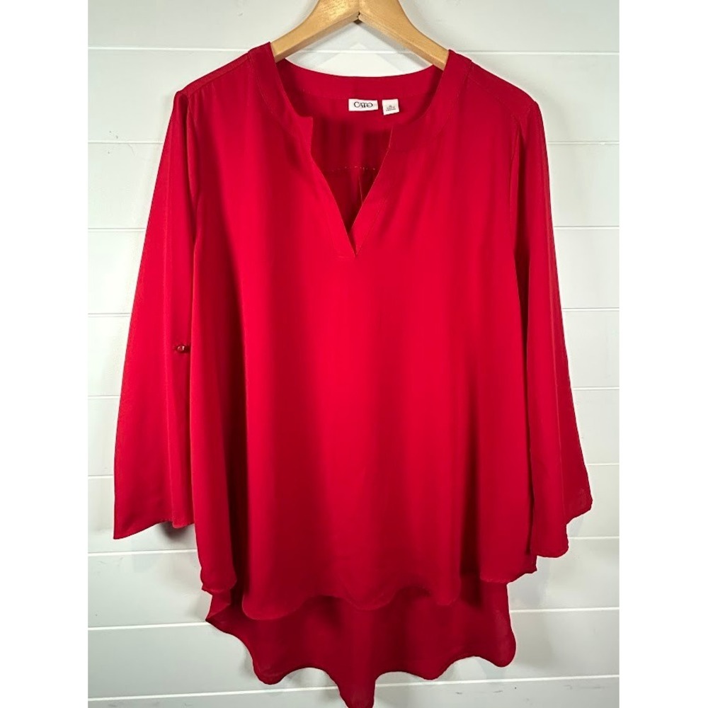 Cato Womens XL Red Roll Tab Sleeve Split V-Neck High Low Blouse